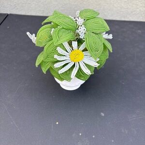 Beaded Green Plant with White and Yellow Flower